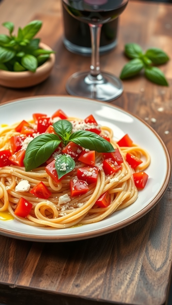 Tomato Basil Pasta Recipe A plate of spaghetti with tomatoes and basil, garnished with Parmesan cheese on a rustic table.